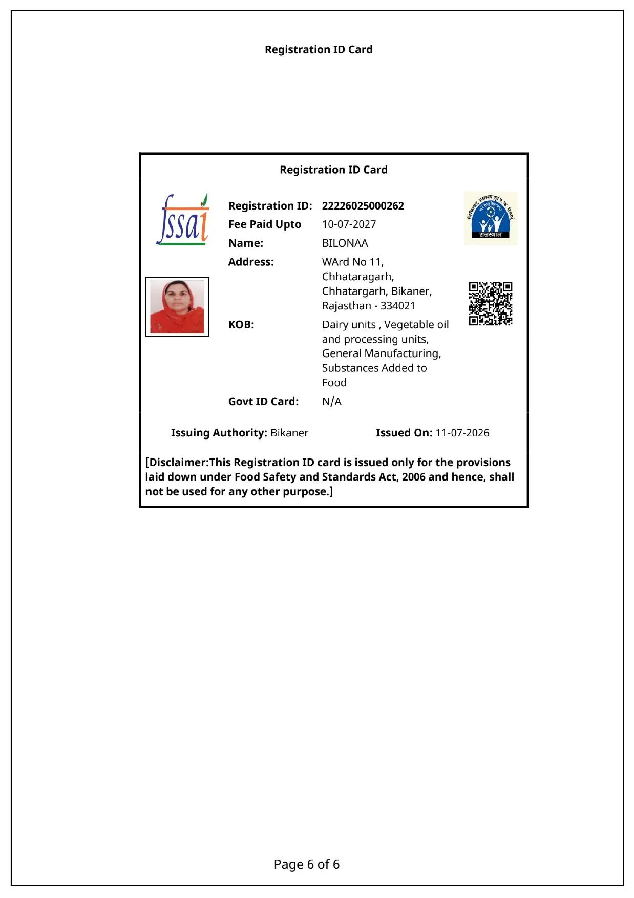 Bilonaa FSSAI licence page 6