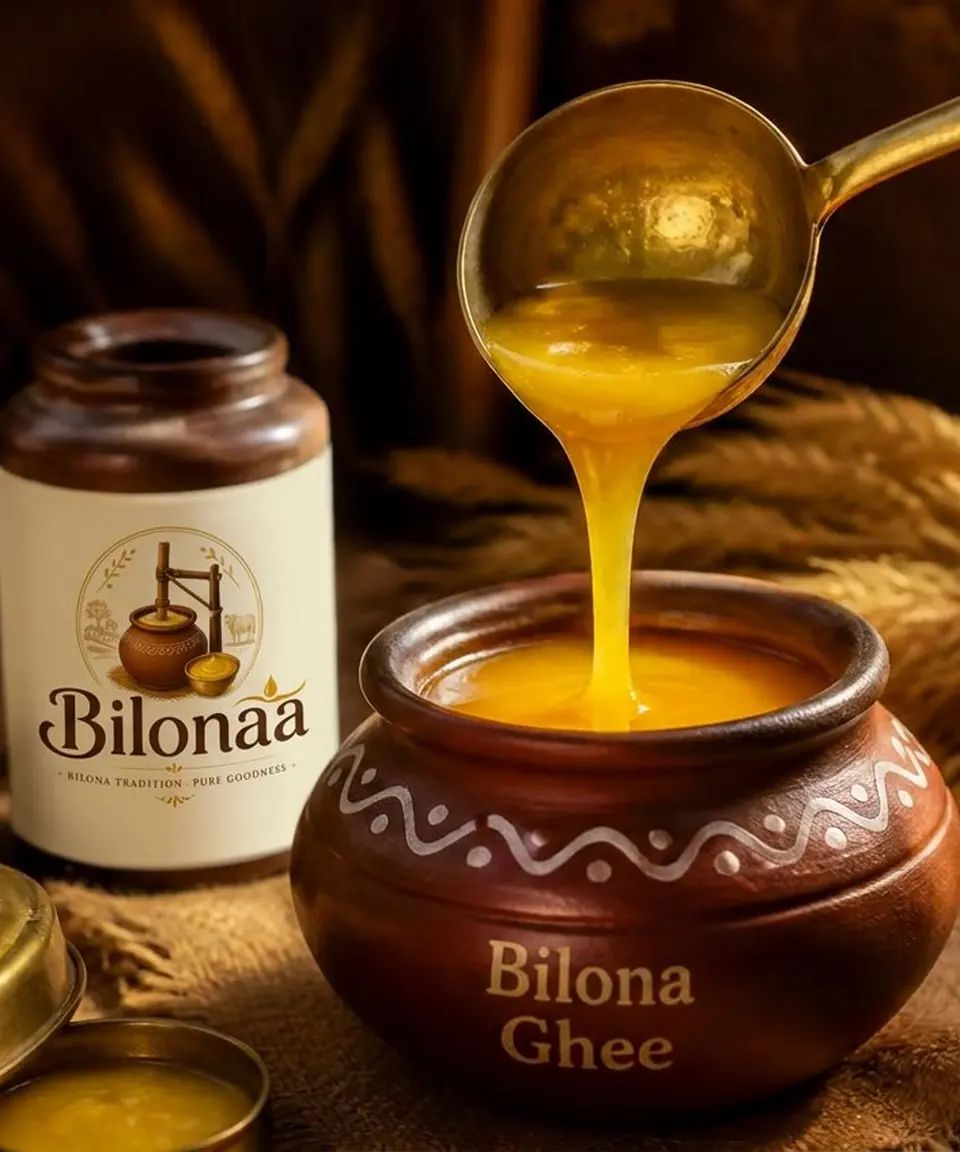 Pouring golden Bilonaa ghee